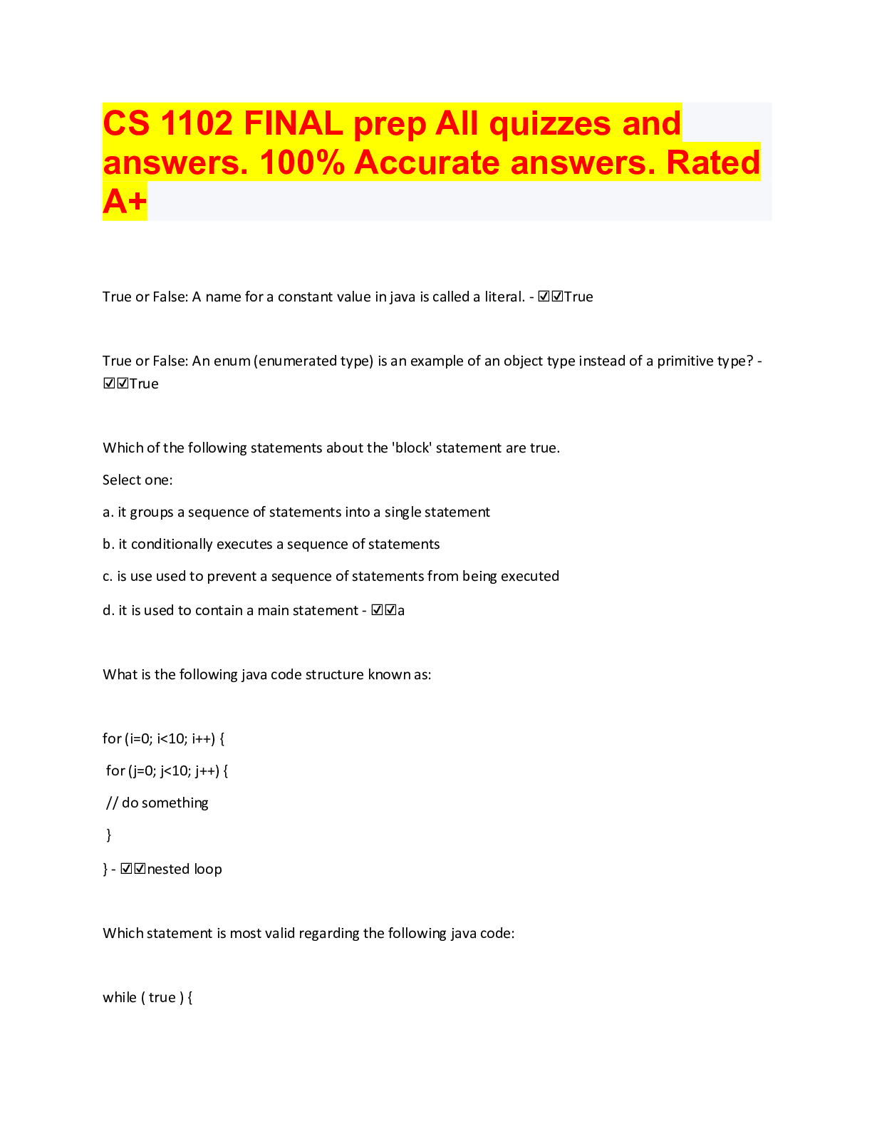 Preview of CS 1102 FINAL prep All quizzes and answers. 100% Accurate answers. Rated A+